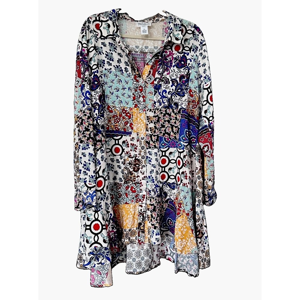 For the Republic Woman Size 2X Patchwork Boho Tunic High Low Button Front Top